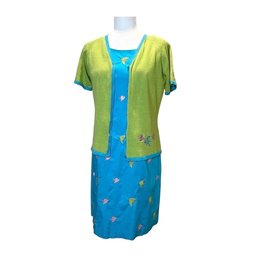 Vintage Tropical Dress Cardigan Set Women‎ 8 Embroidered Fish Cruise Resort Wear